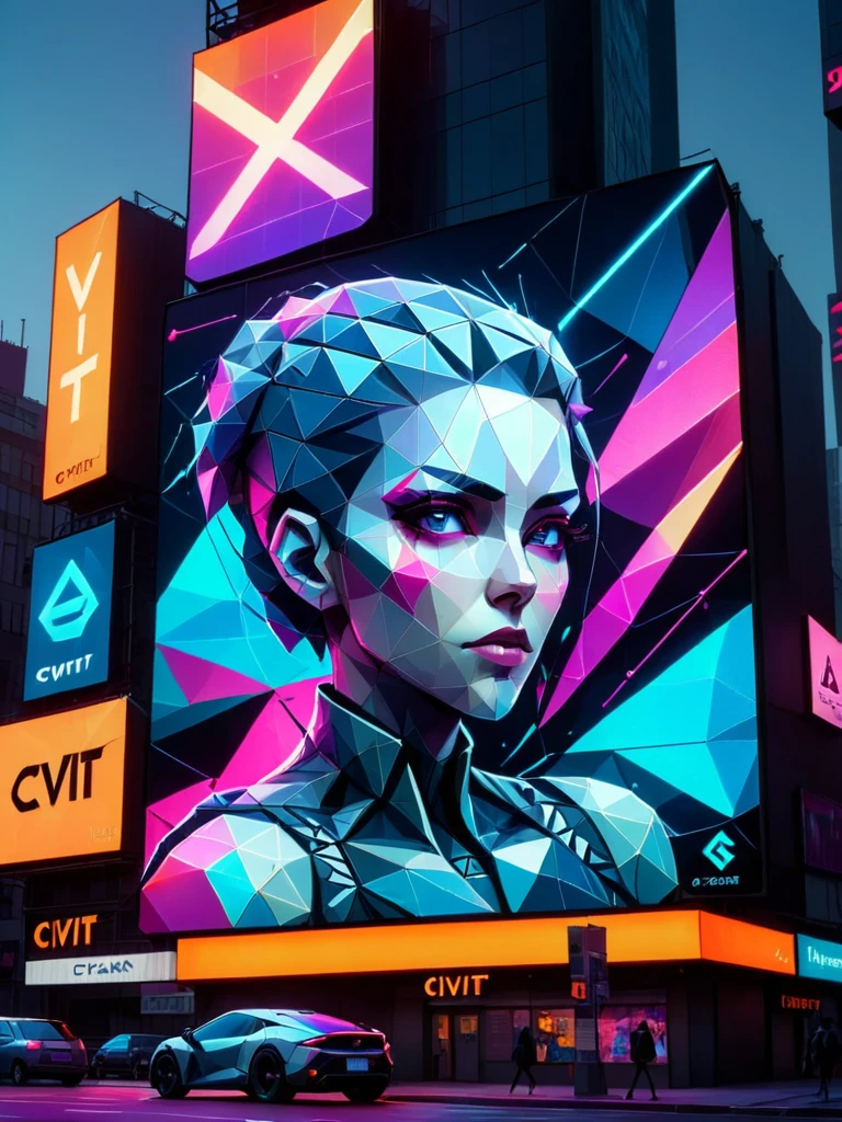 civit logo with female cyberpunk made of ral-polygon on billboard screen on a cyberpunk timesquare at night, neon light, futuristic car on the street