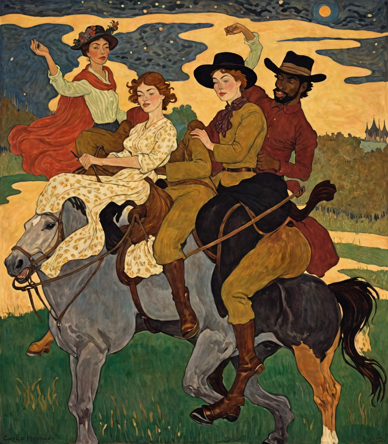 painting of a man riding a horse with a woman on it, by Carle Hessay, folkloric illustration, inspired by Théophile Steinlen, robert colescott painting, Dreams On Horseback