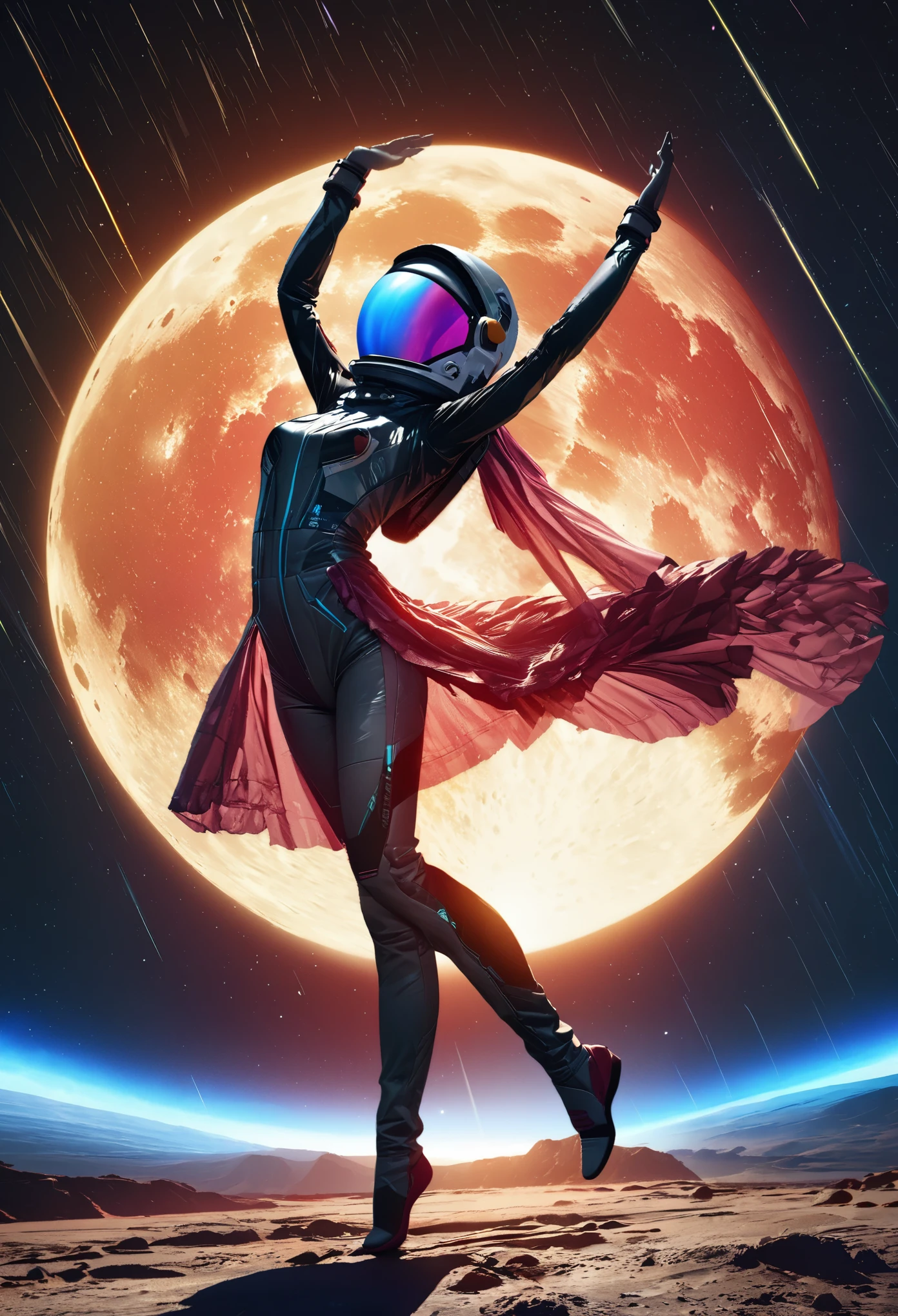 (a woman in a futuristic space suit dancing on the moon meteor shower:1.6), Astronaut helmet, standing on martian rocks, Twinkling stars in the distant sky, (Best Quality, 4k, 8k, high resolution, Masterpiece:1.2), ultra detailed, realist, photorealist, photo-realist:1.37, HDR, UHD, studio lighting, ultrafine paint, sharp focus, physically based rendering, extreme detailed description, professional, vivid colors, bokeh, Science fiction, conceptual art