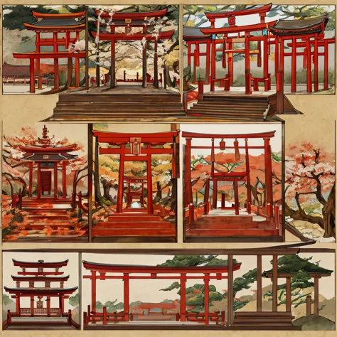 japanese，japan，japanese style，torii，temple，fairy，felidae，japan风格，pattern，detailed setting diagram，exploded view，design diagram，r...