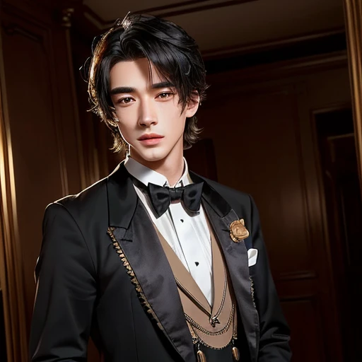 Un joven apuesto y elegante con un esmoquin y pajarita de pie en una habitación, Extremadamente guapo, 王 一 博, Wang Yi Bo, steampunk, estilo victoriano, un joven en un ambiente steampunk 