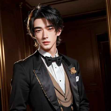 A suave and handsome young man in a tuxedo and bow tie standing in a room, extremely handsome, 王 一 博, Wang Yi Bo, steampunk, Vic...