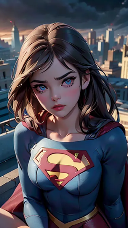 a supergirl sitting on a rooftop building, lost in deep thought, looking at the city, beautiful detailed eyes, beautiful detaile...