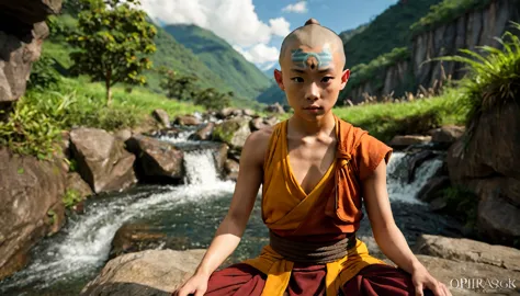 The Last Airbender, (Aang), looking towards the horizon, from background, light green mountains and waterfalls, very detailed im...