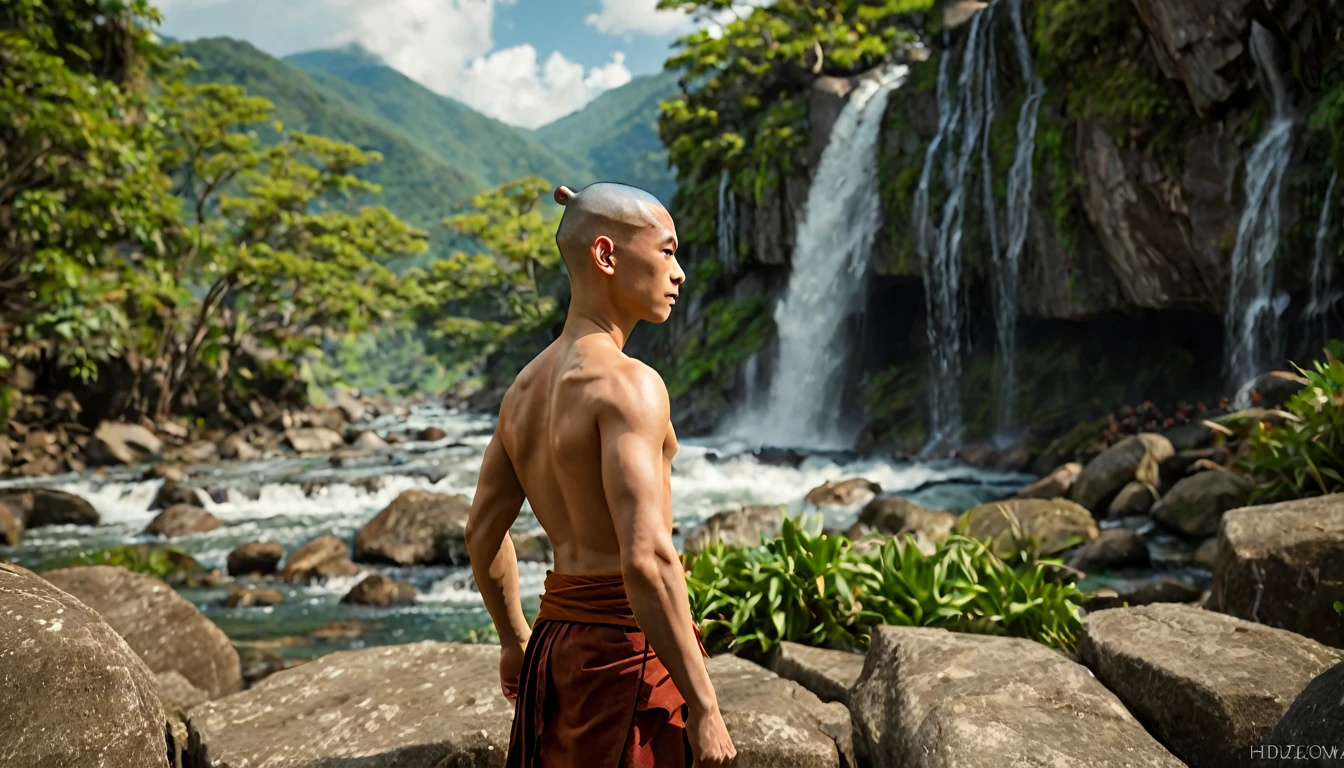 The Last Airbender, (Aang), Blick Richtung Horizont, aus dem Hintergrund, hellgrüne Berge und Wasserfälle, sehr detailliertes Bild, scharfer Fokus, Studiofotografie, xf IQ 4, 1 5 0 0 0 0 0 0 0 0 mp, 5 0 mm, iso 2 0 0 0 0, 1/ 1 6 0 0 0 s, realistisch, Natürliches Licht, Oktan-Rendering, Adobe Lightroom, photo realistisch, Drittel-Auflösung, symmetrisches Gleichgewicht, Tiefen-Layer, Polarisationsfilter, . ..., hd, Farboptik, ..., hd, Undurchsichtige Farbe, Meisterwerk, ..., Meisterwerk, ..., hd, Undurchsichtige Farbe, Meisterwerk