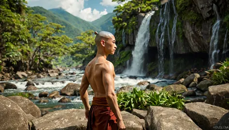 The Last Airbender, (Aang), looking towards the horizon, from background, light green mountains and waterfalls, very detailed im...