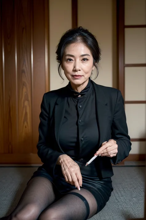 (masterpiece:1.4),(65-year-old woman:1.5),(Facial wrinkles : 1.2),(smirking : 1.1), (Updo : 1.1), (black suit), (black skirt), (...