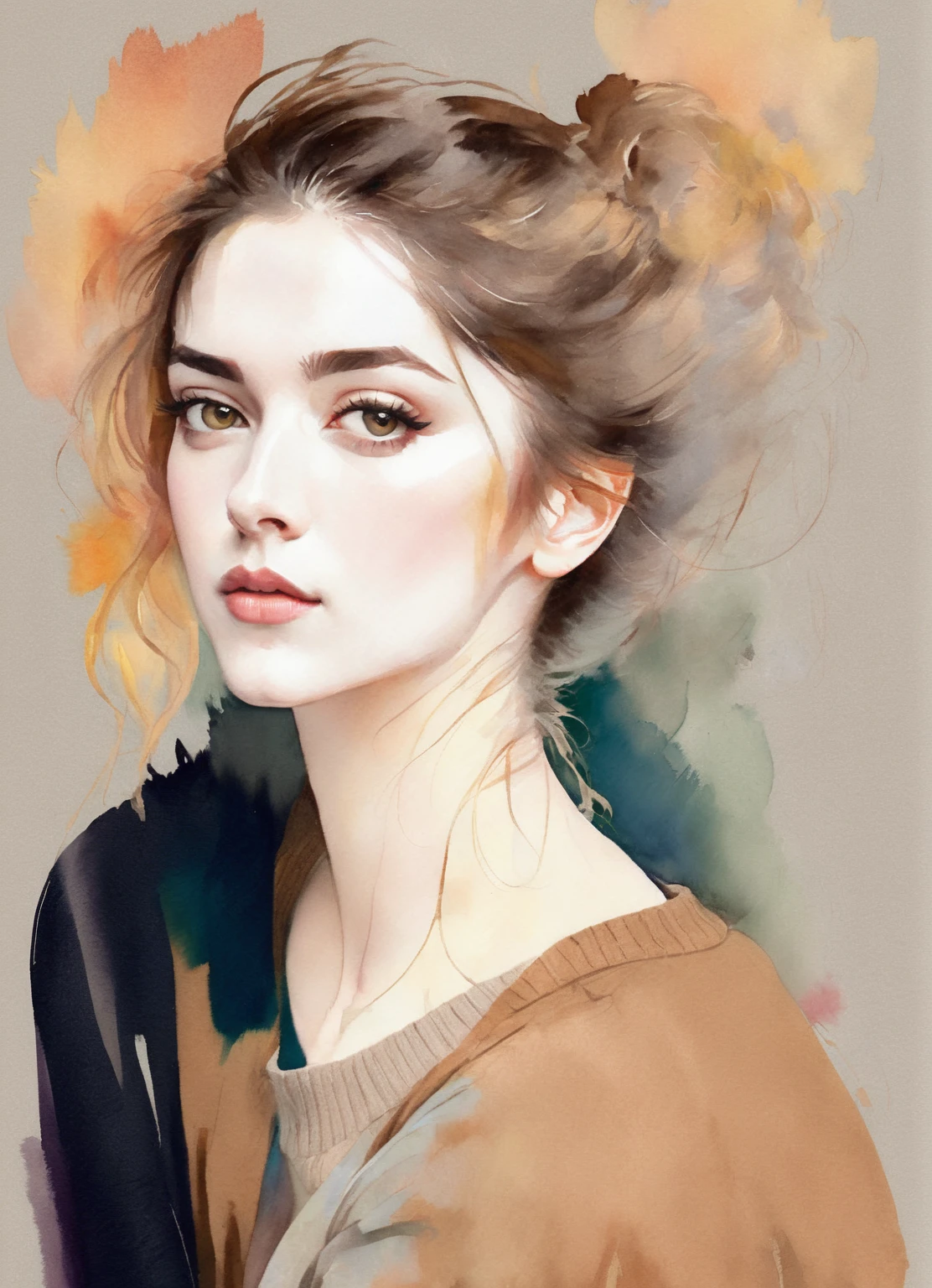 ilustración de una mujer con un moño desordenado y un suéter marrón, en el estilo artístico de bowater, Una hermosa ilustración de obra de arte., retrato femenino, ilustración pictórica, tendencia en artstration, Exquisita ilustración digital, hermosa ilustración digital, retrato en color, pintura de ilustración, Estilo de ilustración, d33p1k4