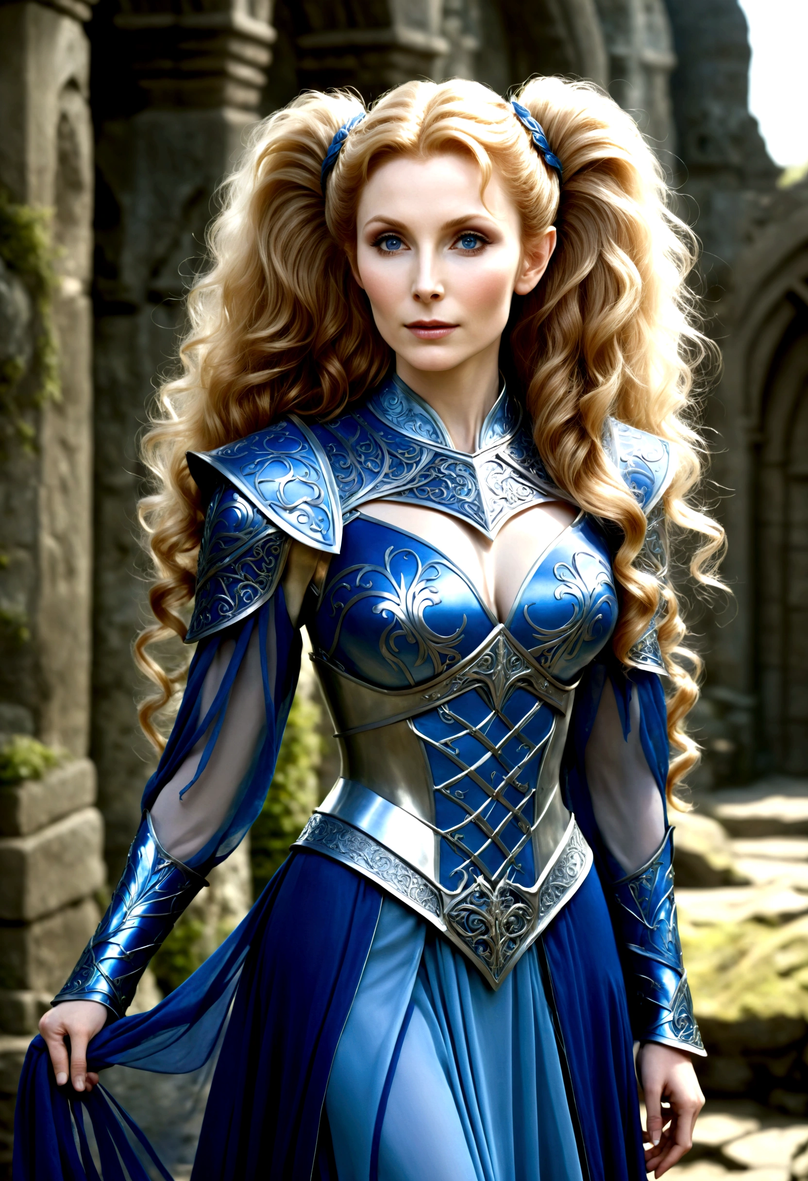 Gates McFadden (age 20) (young elven maiden, big hair, twintails, intricate sheer blue dress, mithril chest plate armor, mithril magic sword), chasing off some pesky kobolds, ruins