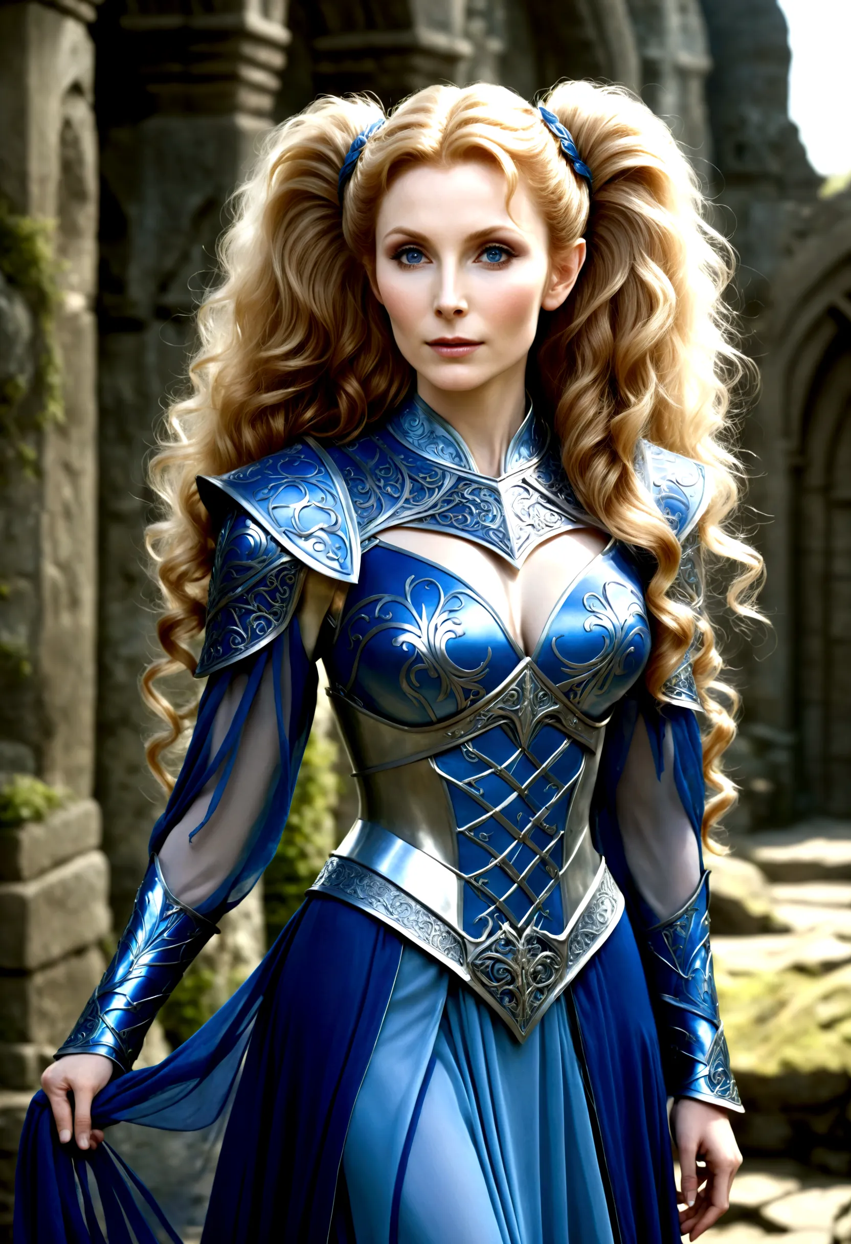 gates mcfadden (age 20) (young elven maiden, big hair, twintails, intricate sheer blue dress, mithril chest plate armor, mithril...