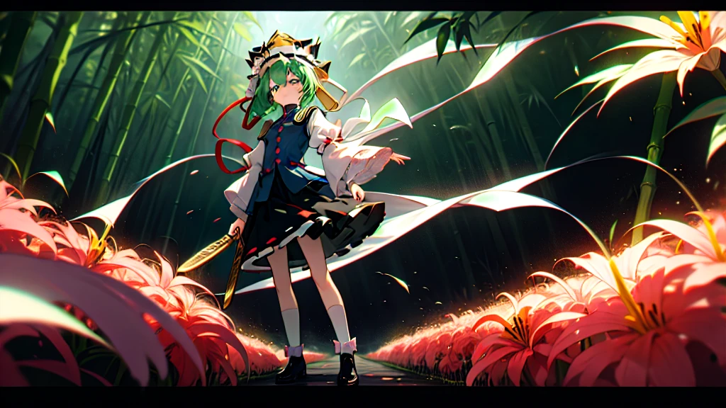 a pink haired woman is standing on a branch Holding a gold key, One girl, bamboo, alone, shiki eiki, rod of remorse, Have, skirt, Knee socks, Green Hair, Black footwear, Frills, Long sleeve, View your viewers, white Knee socks, ribbon, white ribbon, Green Eyes, shirt, black skirt, Best, white shirt, shoes, Holding,Red spider lily, frilled Have, chest