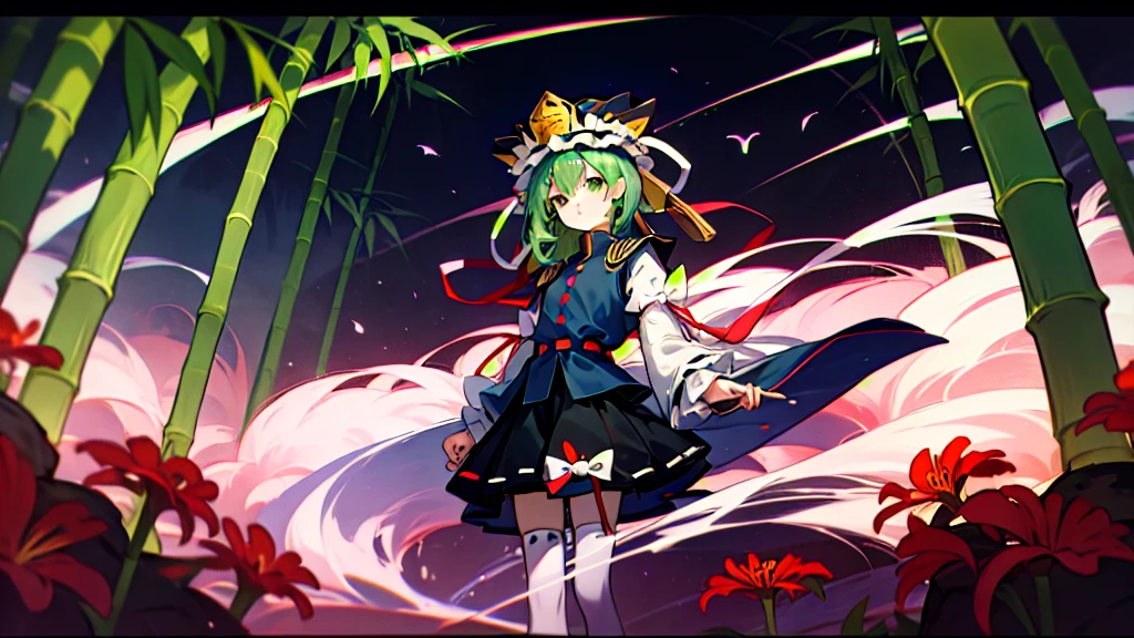 a pink haired woman is standing on a branch Holding a gold key, One girl, bamboo, alone, shiki eiki, rod of remorse, Have, skirt, Knee socks, Green Hair, Black footwear, Frills, Long sleeve, View your viewers, white Knee socks, ribbon, white ribbon, Green Eyes, shirt, black skirt, Best, white shirt, shoes, Holding,Red spider lily, frilled Have, chest