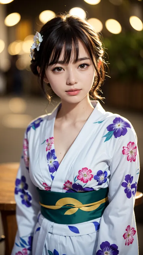 (tabletop, highest quality:1.4), beautiful face, 8k, 85mm, absurd, (floral yukata:1.4), upper body, exposing the breasts、 violet...