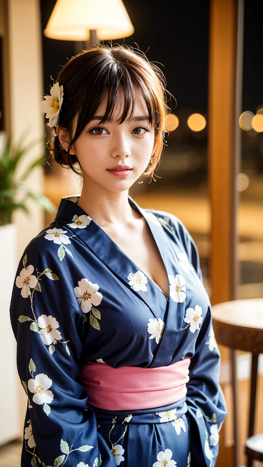 (Tabletop, Highest quality:1.4), Beautiful Face, 8K, 85mm, Absurd, (Floral Yukata:1.4), Upper body, Exposing the breasts、 Violet, Gardenias, Delicate girl, alone, night, View your viewers, Upper Body, Film Grain, chromatic aberration, Sharp focus, Face Light, Professional Lighting, Sophisticated, (smile:0.4), Cleavage, (Simple Background, Bokeh Background:1.2), Detailed aspect