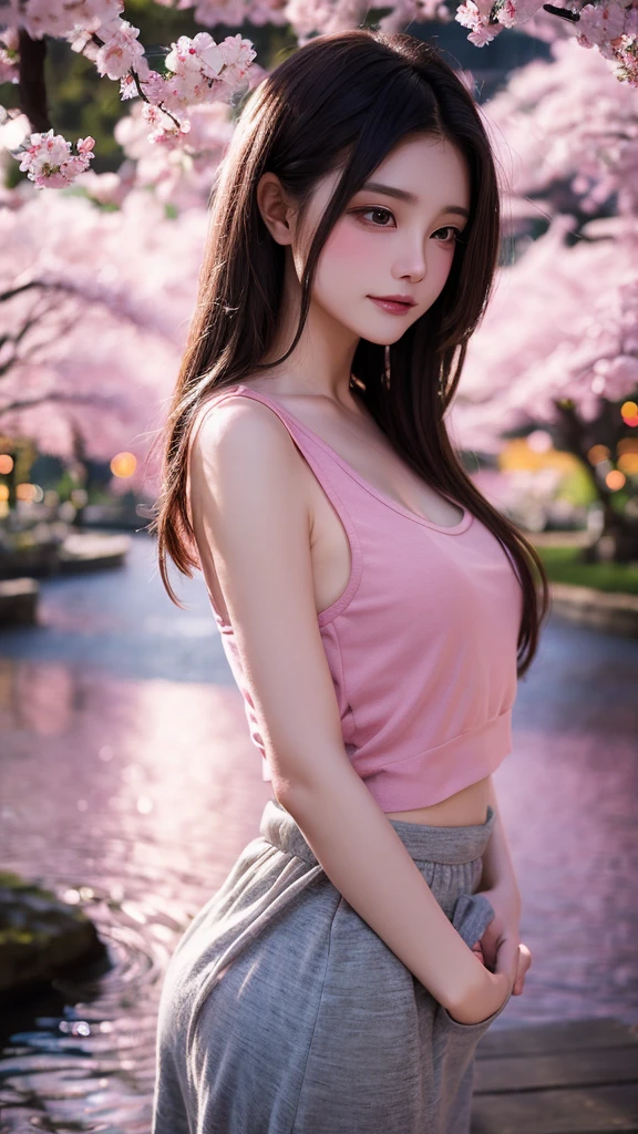 Create an enchanting illustration of a beautiful woman wearing a tank top, set against a backdrop of a sakura night park. Ensure to capture the serene beauty of the natural setting while focusing on the exquisite detail of the subject. blurry background
