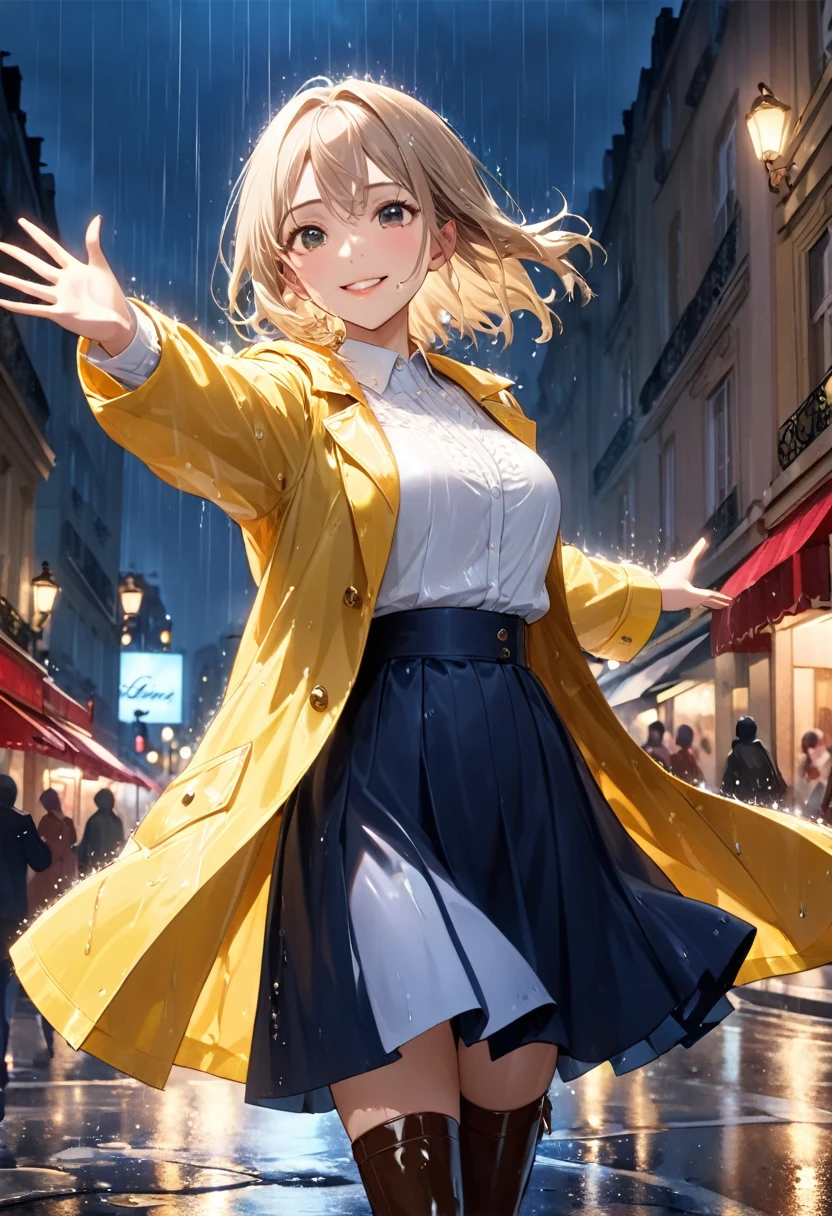 Highest quality, Super quality, 16K, Incredibly absurd, Very detailed, 2.5D, delicate and dynamic, movieのシーン, official, Poster Design, Paris street corner, Rainy night, Chic cityscape, Stone Building,  Champs-Élysées Boulevard, , wet road, puddle, puddleに町明かりが反射, puddleにビルが映る, , , Small face, Extremely delicate facial expression, Delicate eye depiction, Upper body close-up, erotic, sole sexy lady, healthy shaped body, 25 years old lady, Cool woman, 170cm tall, big firm bouncing busts, white shirt, yellow long rain coat, , long skirt, garter belt, long boots, smile, Fun, Wet with rain, With arms outstretched, Dancing in the rain, Opera, movie, dancing in the rain