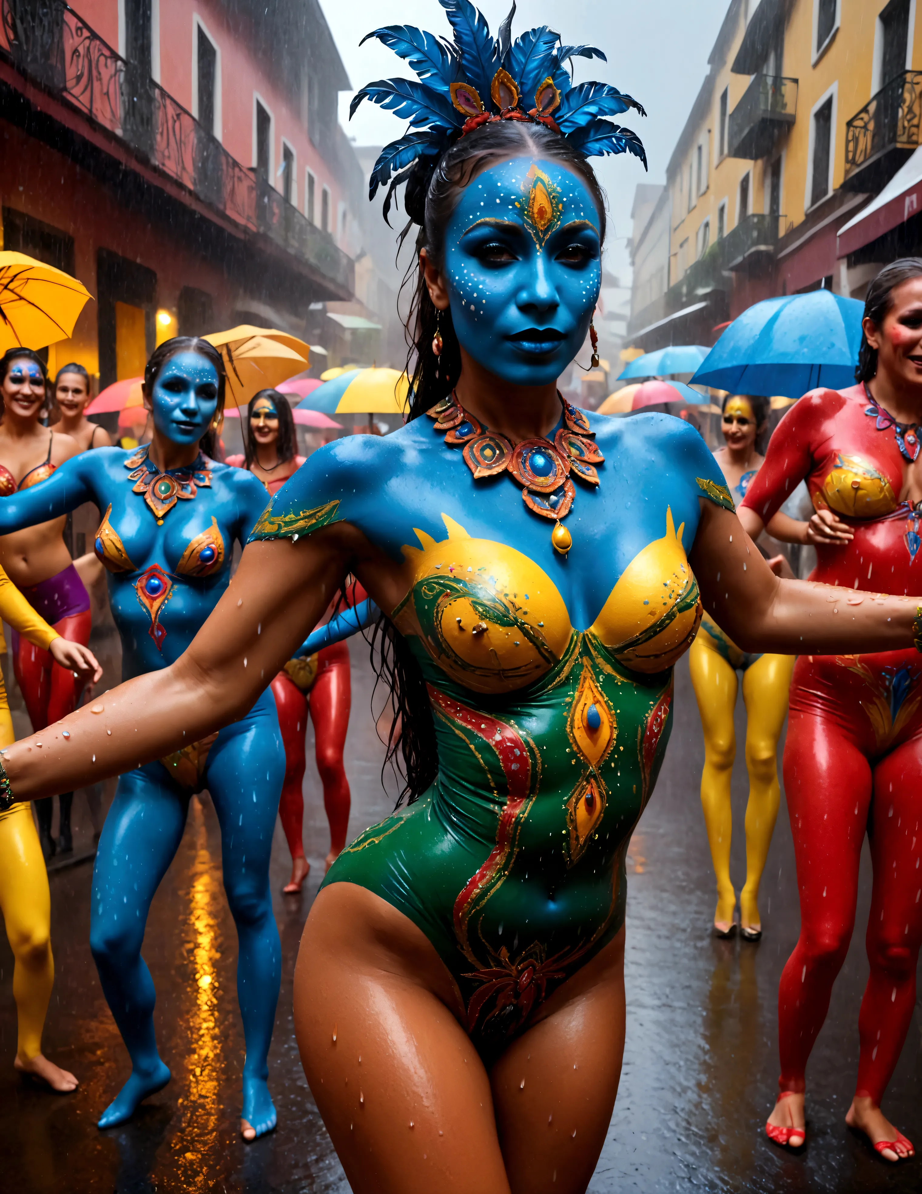 carnivale, a party of people in body paint costumes dance in the street, a heavy rain has hit, they dancers continue without sto...