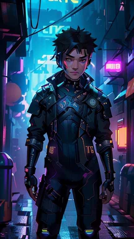 best quality,masterpiece,1boy,solo,(((13years old))),japanese boy,an extremely cute and handsome hoy,highly detailed handsome face and eyes,petit,cute face,lovely face,baby face,shy smile,show teeth, Black hair,short hair,flat chest,skinny,slender,(((Kiba Inuzuka wearing Cyberpunk Bodysuit))),(((standing in Dark Midnight Neon Glow light Cyberpunk Gotham city))),he is looking at the viewer,