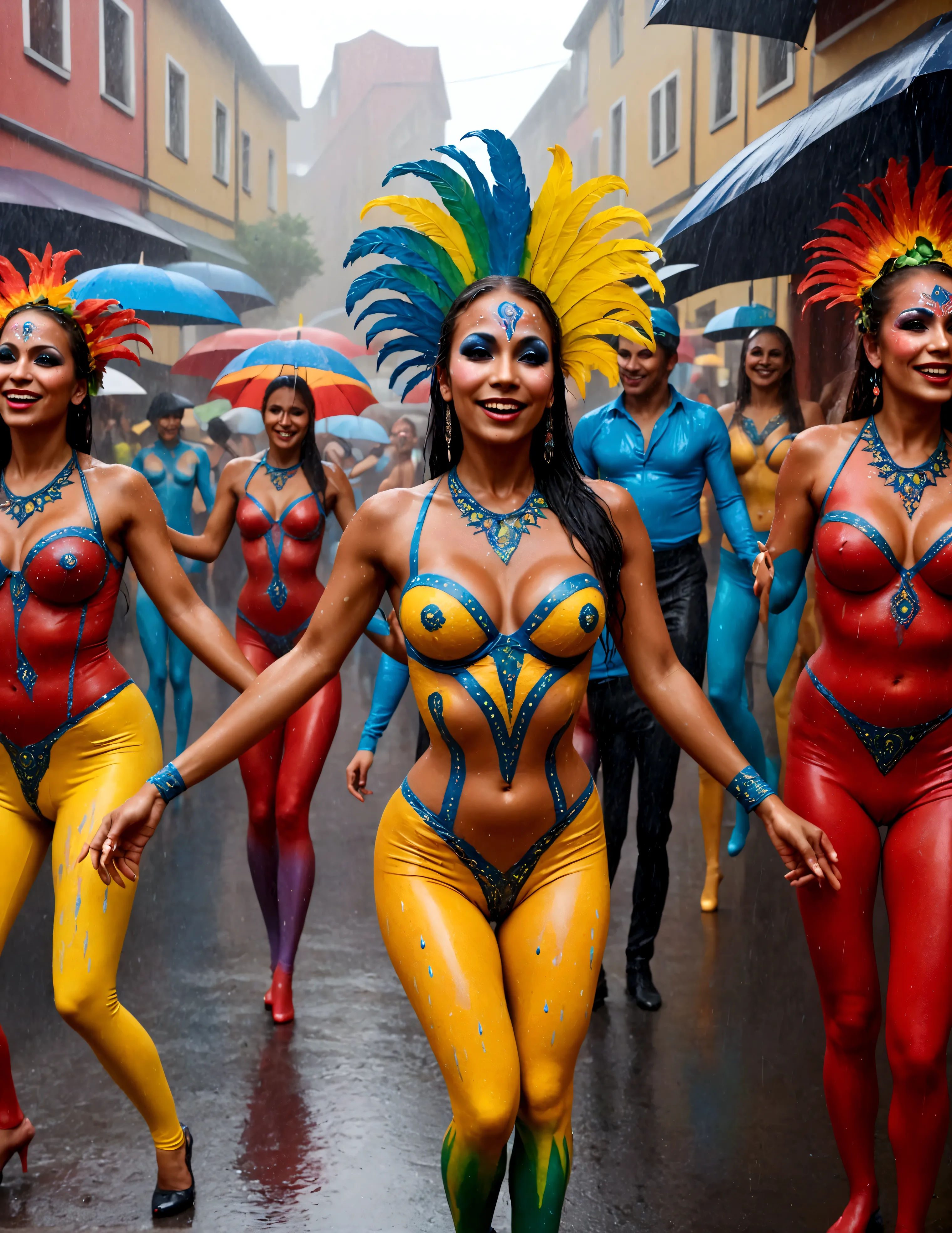 carnivale, a party of people in body paint costumes dance in the street, a heavy rain has hit, they dancers continue without sto...