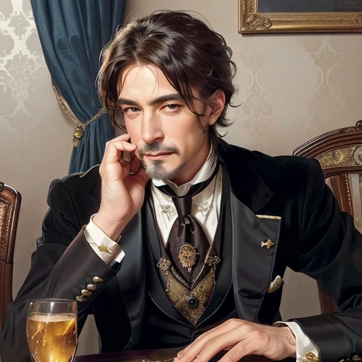 a close up of a distinguished older man in a suit and tie sitting at a table, steampunk, victorian, a man wearing byzantine style aristocratic clothes, nobleman