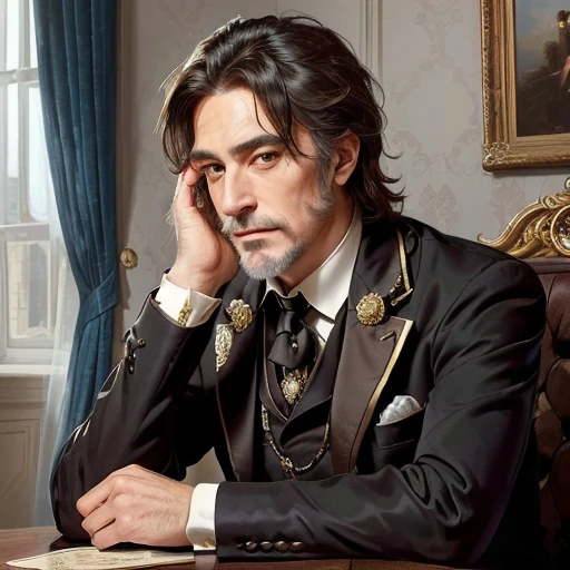 um close-up de um homem mais velho distinto de terno e gravata sentado à mesa, steampunk, Vitoriano, um homem vestindo roupas aristocráticas de estilo bizantino, nobre