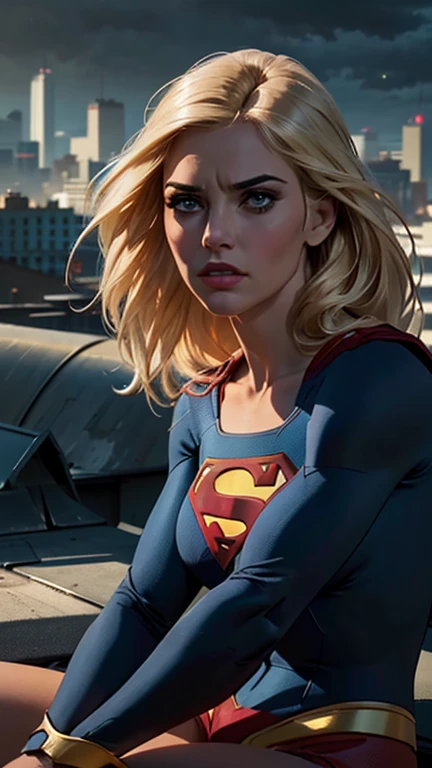 a supergirl sitting on a rooftop building, lost in deep thought, looking at the city, beautiful detailed eyes, beautiful detailed lips, extremely detailed face, long eyelashes, beautiful detailed costume, dynamic pose, cinematic lighting, epic cityscape, moody atmosphere, dramatic shadows, vibrant colors, photorealistic, 8k, best quality, hyper detailed, masterpiece