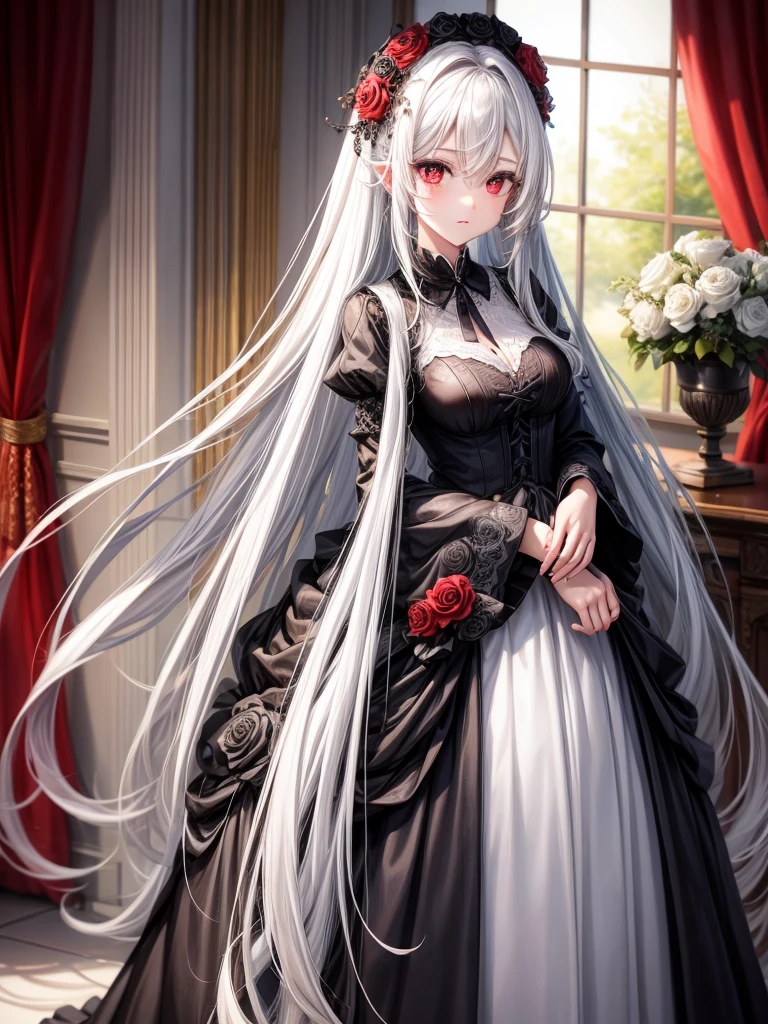 Black wedding dress Roses Long white hair Red eyes