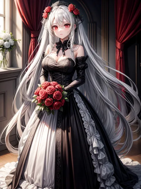 black wedding dress roses long white hair red eyes