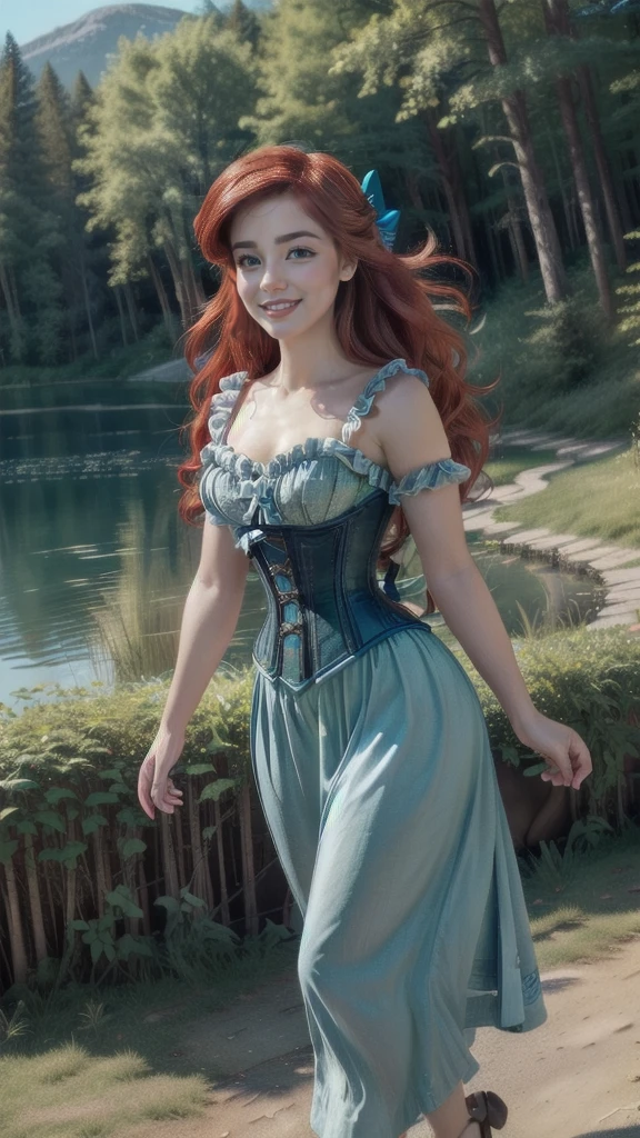 Photorealistic,photography, (ArielWaifu:1), smile, cute, beautiful pose, looking at the viewer, thick thighs, (blue dress, hair bow, corset), walking, from below, bright red hair, (realistic: 1.2), (realism), (masterpiece: 1.2), (best quality), (ultra detailed), (8k, 4k, intricate), (full-body-shot: 1), (Cowboy-shot: 1.2), (85mm), light particles, lighting, (highly detailed: 1.2), (detailed face: 1.2), (gradients), sfw, colorful, (detailed eyes: 1.2),
(detailed landscape, night, lake, magic forest, plants: 1.2), (detailed background), detailed landscape, (dynamic angle: 1.2), (dynamic pose: 1.2), (rule of third_composition:1.3), (line of action: 1.2), wide shot, daylight, soil,