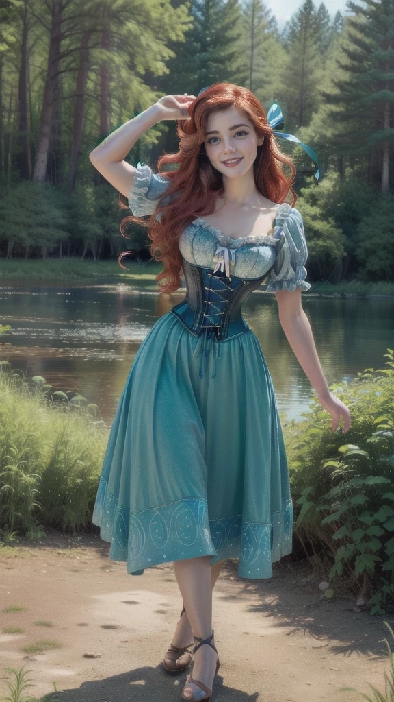 Photorealistic,photography, (ArielWaifu:1), smile, cute, beautiful pose, looking at the viewer, thick thighs, (blue dress, hair bow, corset), walking, from below, bright red hair, (realistic: 1.2), (realism), (masterpiece: 1.2), (best quality), (ultra detailed), (8k, 4k, intricate), (full-body-shot: 1), (Cowboy-shot: 1.2), (85mm), light particles, lighting, (highly detailed: 1.2), (detailed face: 1.2), (gradients), sfw, colorful, (detailed eyes: 1.2),
(detailed landscape, night, lake, magic forest, plants: 1.2), (detailed background), detailed landscape, (dynamic angle: 1.2), (dynamic pose: 1.2), (rule of third_composition:1.3), (line of action: 1.2), wide shot, daylight, soil,