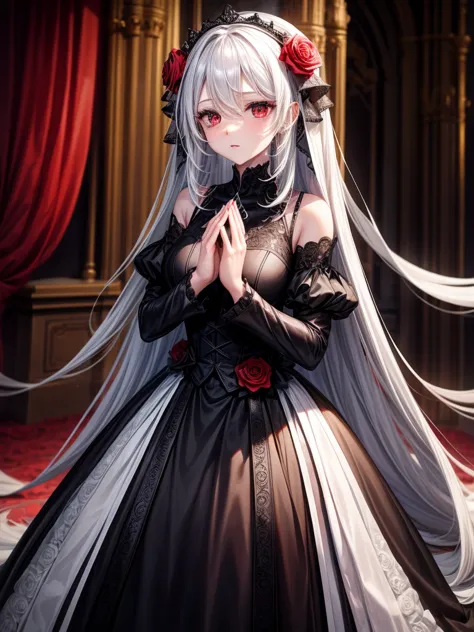 Black wedding dress, rose, long white hair, red eyes, praying