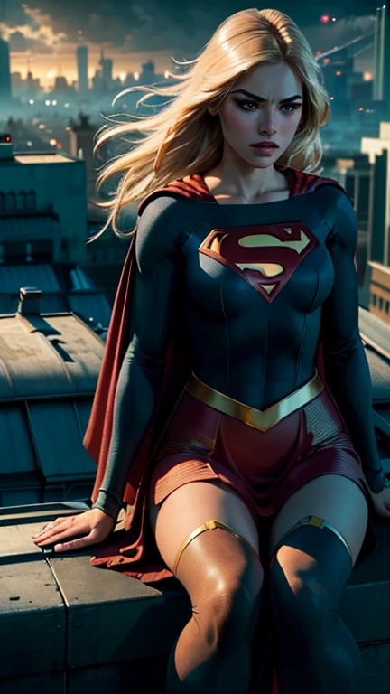 a supergirl sitting on a rooftop building, lost in deep thought, looking at the city, beautiful detailed eyes, beautiful detailed lips, extremely detailed face, long eyelashes, beautiful detailed costume, dynamic pose, cinematic lighting, epic cityscape, moody atmosphere, dramatic shadows, vibrant colors, photorealistic, 8k, best quality, hyper detailed, masterpiece