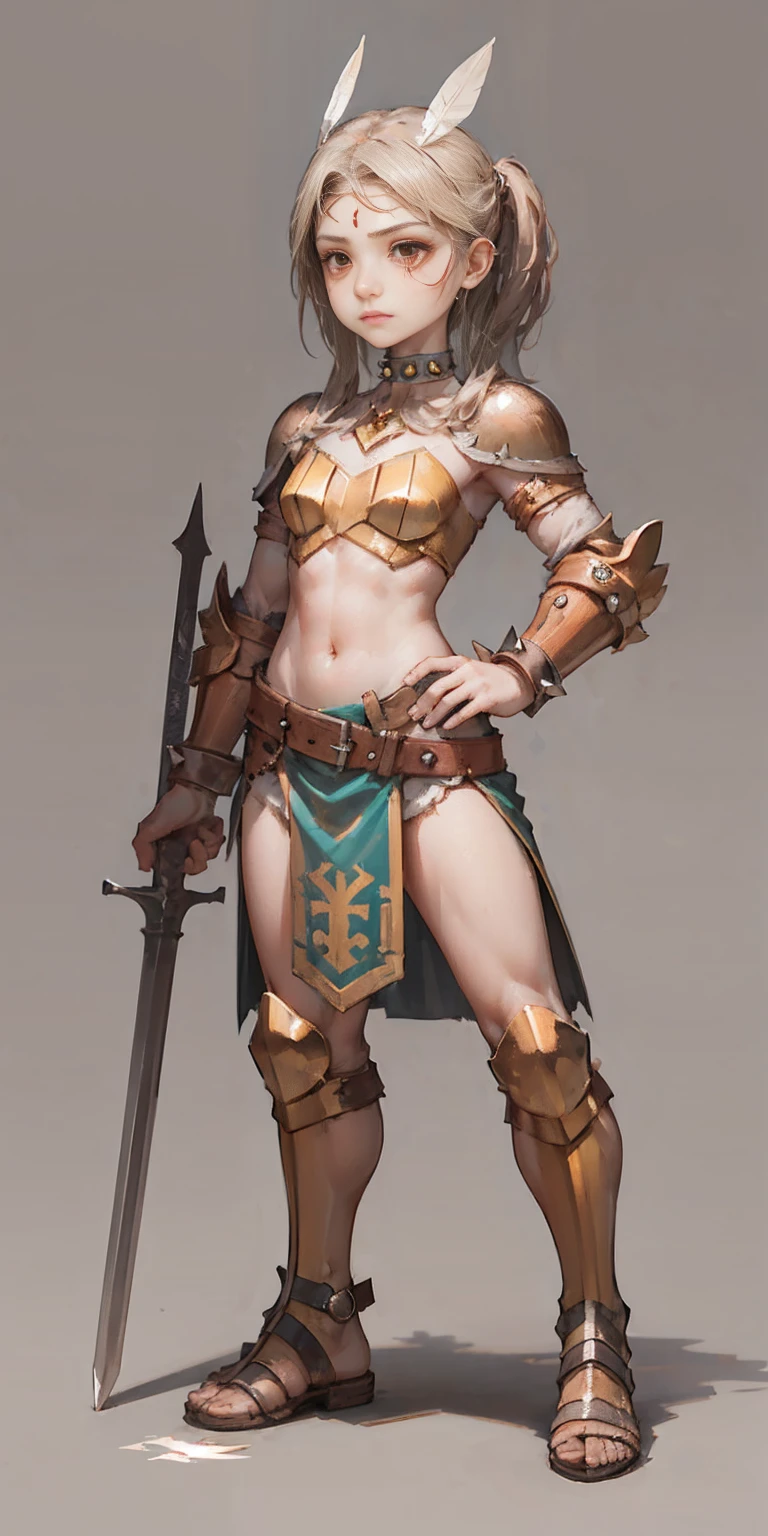 Subject:

1 Solo Female Gladiator
Pose:

Full body, whole body
Standing tall, hands on hips (conveying confidence)
Feet together, conveying a strong stance
View from slightly below, emphasizing her power
Clothing and Armor:

Loincloth (detailed and well-crafted, showcasing her warrior status)
Metal sandals, sturdy and battle-worn
Leather choker, adorned with a gladiator emblem or small spikes (optional)
Big belt, holding additional weapons or pouches (optional)
Bracers on forearms, for protection
Jewelry:

Tiara (can be simple and battle-ready, or adorned with feathers or gladiator symbols)
Additional Details:

Strong, defined muscles
Determined expression on her face
Optional: scars or other battle marks that tell a story of her victories