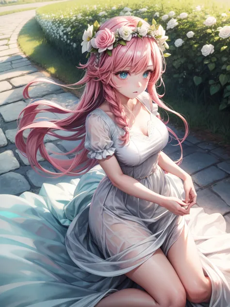 Cold expression White long dress Pink short hair Flower crown Blizzard of flowers Green eyes