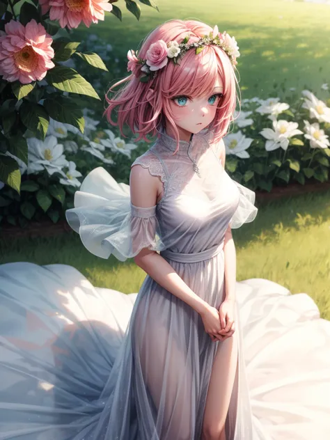 Cold expression White long dress Pink short hair Flower crown Blizzard of flowers Green eyes