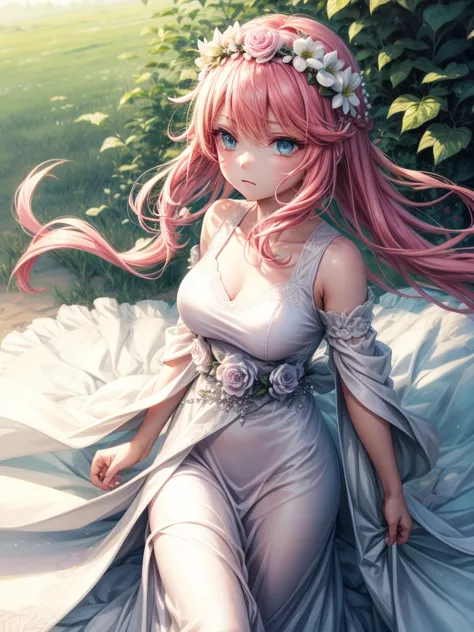 Cold expression White long dress Pink short hair Flower crown Blizzard of flowers Green eyes