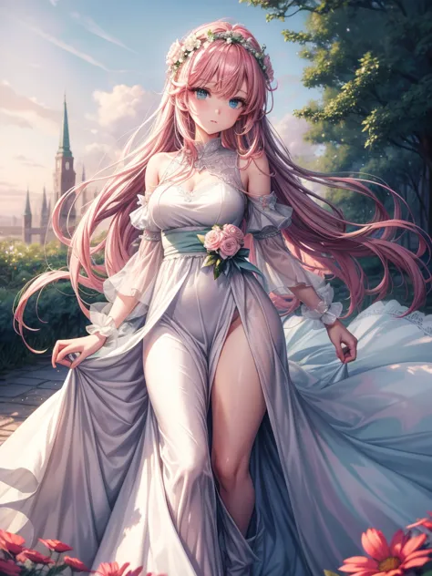 cold expression white long dress pink short hair flower crown blizzard of flowers green eyes