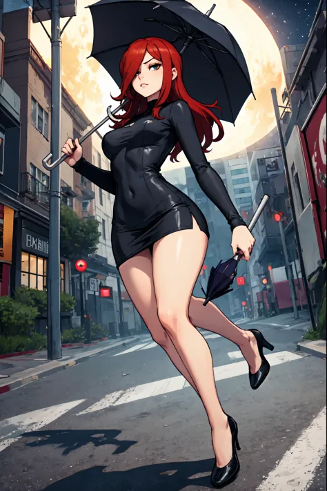 parasoul, 1girl, solo, long red hair, black clothes, holding umbrella, 1 long umbrella, in combat, movement, short dress, focus ...