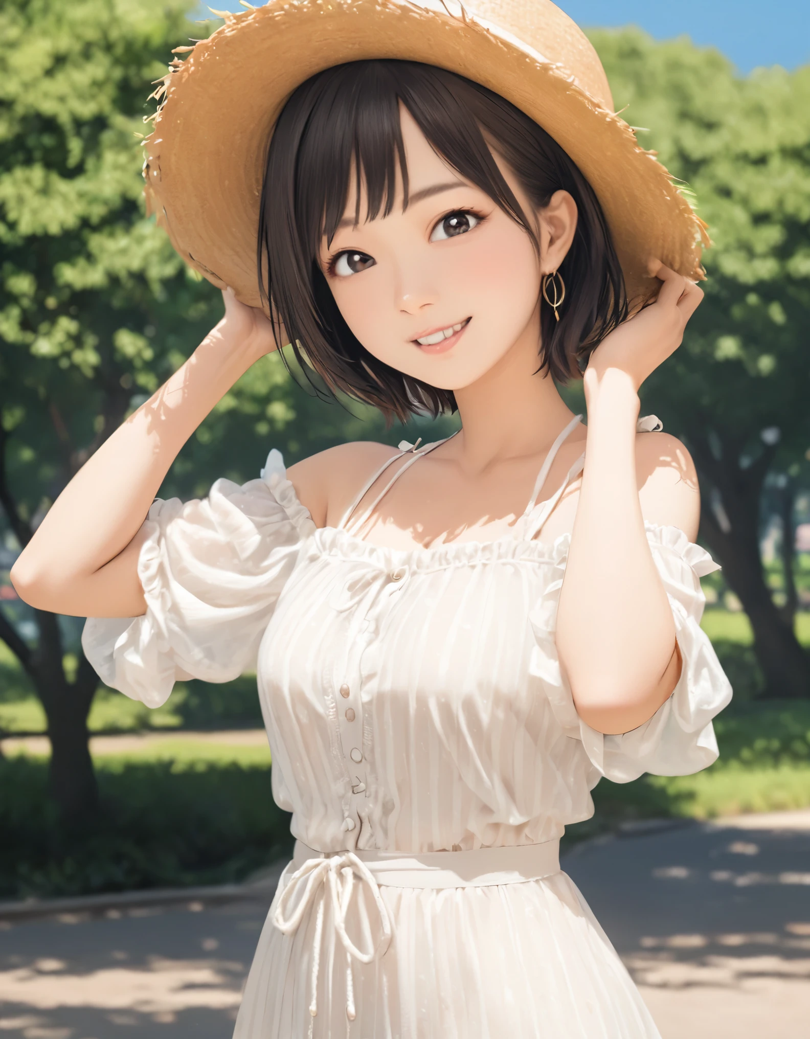 (best quality:1.2), 1girl, Ueno Park, blouse, summer, cowboy shot, shoot from front