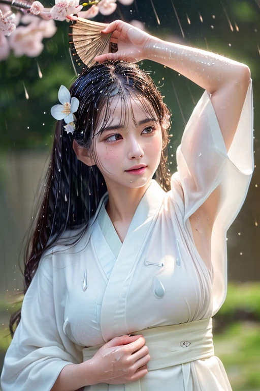 ((Highest quality、masterpiece、8K))、Anatomically correct、Very detailed、High resolution、Realistic、Beautiful white skin、Beautiful, bright, almond-shaped, detailed eyes、Well-formed nose bridge、Intricate details、((Wet kimono with cherry blossom pattern 1.1))、((Wet Hair:1.1))、((Wet Skin:1.1))、((rain:1.5)),((Raise your left arm:1.4))、((Hold the fan in your right hand and thrust it horizontally forward.:1.4))、dance、(((Left armpit)))