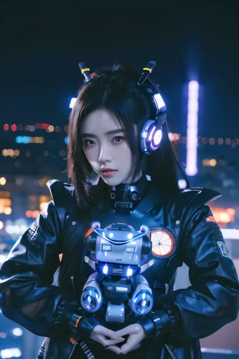 (pov). the (nations) cute mecha girl with (hairstyle), (advance headphone with neon effect), dresssed in black mecha-jacket with...