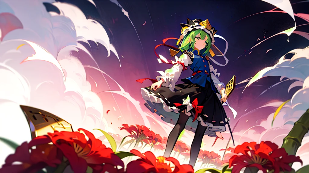 a pink haired woman is standing on a branch Holding a gold key, One girl, bamboo, alone, shiki eiki, rod of remorse, Have, skirt, Knee socks, Green Hair, Black footwear, Frills, Long sleeve, View your viewers, white Knee socks, ribbon, white ribbon, Green Eyes, shirt, black skirt, Best, white shirt, shoes, Holding,Red spider lily, frilled Have, chest, Clear Face