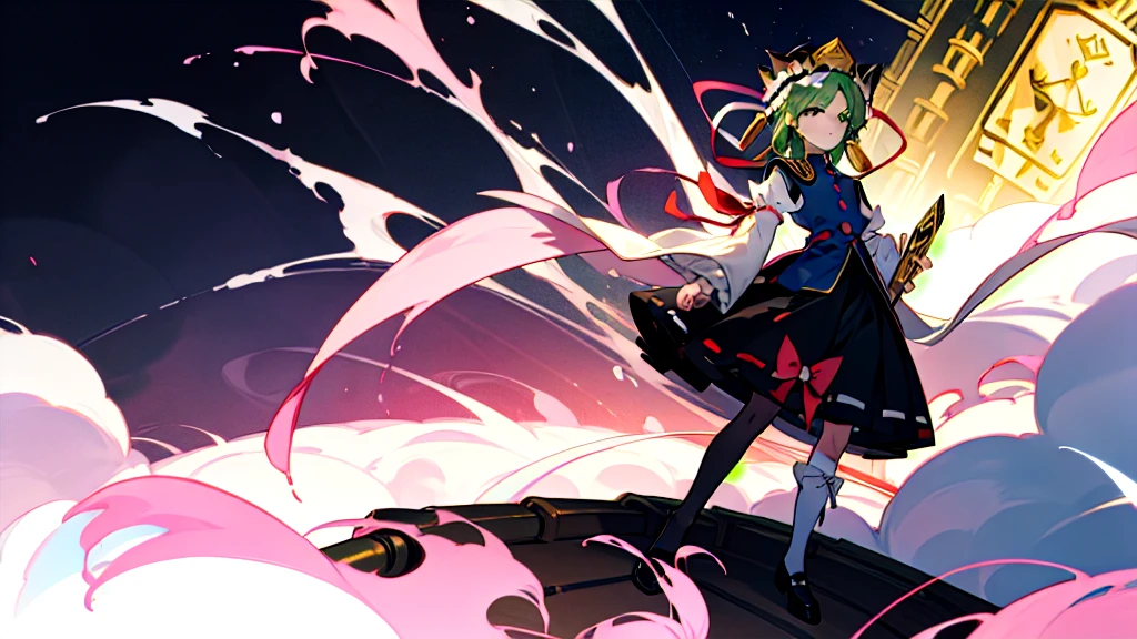 a pink haired woman is standing on a branch Holding a gold key, One girl, bamboo, alone, shiki eiki, rod of remorse, Have, skirt, Knee socks, Green Hair, Black footwear, Frills, Long sleeve, View your viewers, white Knee socks, ribbon, white ribbon, Green Eyes, shirt, black skirt, Best, white shirt, shoes, Holding,Red spider lily, frilled Have, chest, Clear Face