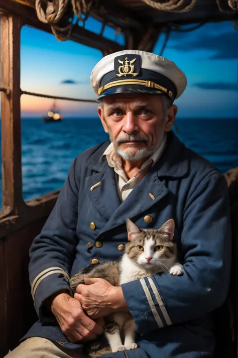 closeup rough old sailor with a cat night time, ship and sea view, photo