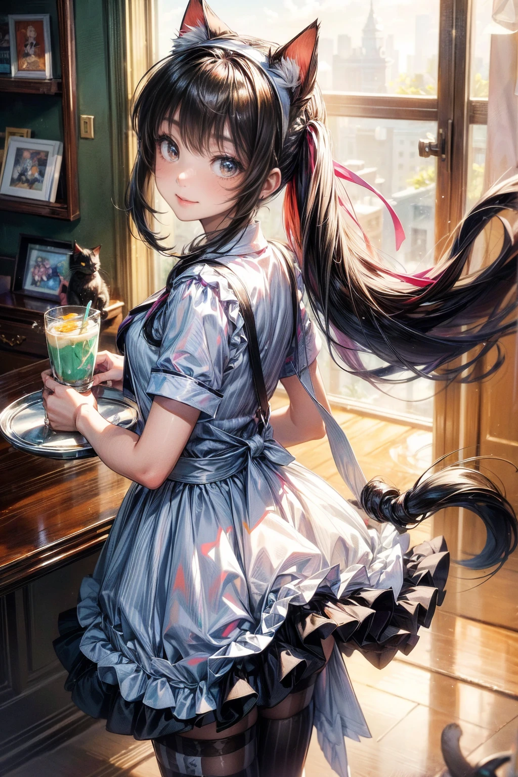 One Girl、(20-year-old woman)、Cat ears headband、Cat tail、Black maid outfit、Holding a tray with two parfaits on it in one hand、With the other hand, lift your skirt to show your underwear、Short skirt、I can see your pants、White knee-high socks、(Striped pants:1.3)、Highest quality、8K、Beautiful Face、Mischievous smile、Wink to the viewer、View Viewer、A bright cafe with a black cat