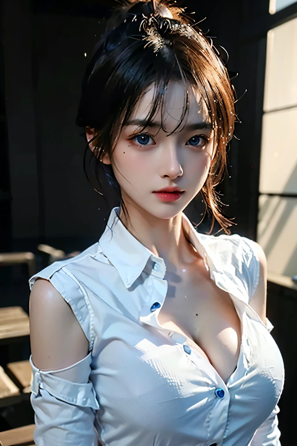Ultra-high resolution,Tabletop,Highest quality, ,Perfect Glowing Skin,Perfect lighting,Detailed lighting,Dramatic Shadows,Ray Tracing, One Girl,Upper Body,Wet White Button Up Shirt,View your viewers, Off the shoulder, Big Breasts, Exposed cleavage, blue eyes, Sharp Face, Sharp eyes,  cyber punk