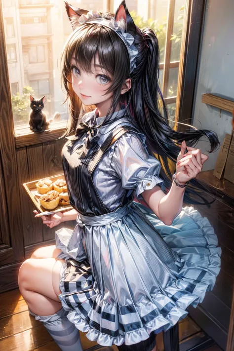 One Girl、(20-year-old woman)、Cat ears headband、Cat tail、Detailed maid、Holding a tray with two parfaits on it in one hand、With th...