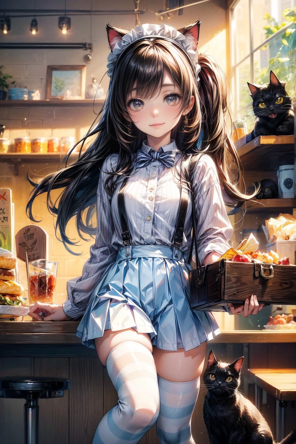 One Girl、(20-year-old woman)、Cat ears headband、Cat tail、Detailed maid、Holding a tray with two parfaits on it in one hand、With the other hand, lift your skirt to show your underwear、Short skirt、I can see your pants、White knee-high socks、(Striped pants:1.3)、Highest quality、8K、Beautiful Face、Mischievous smile、Wink to the viewer、View Viewer、A bright cafe with a black cat