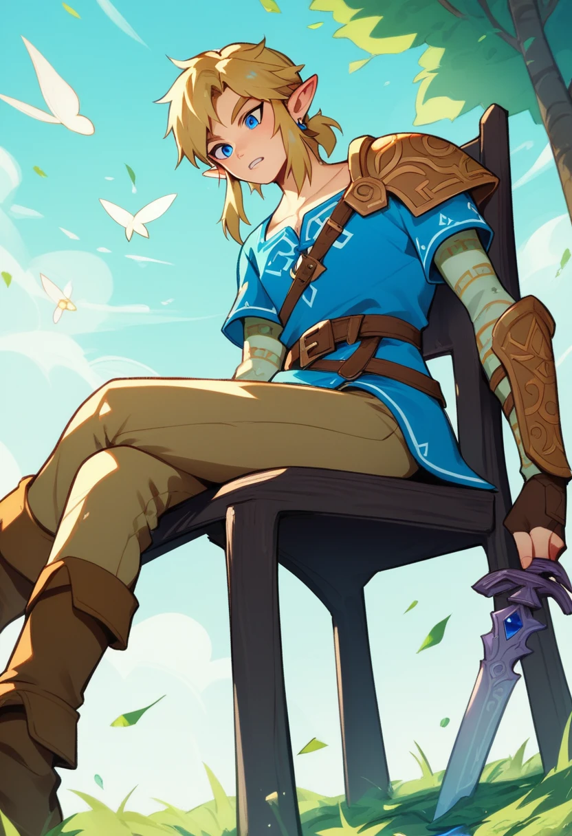 outcome_9, outcome_8_taller than, outcome_7_taller than, sauce_anime, single, , One boy,  ,alone, Link, The Legend of Zelda, Blue Shirt, belt, Shoulder Armor, Fairy, Pointy Ears, blue eyes, Blonde, Brown pants, Narrow waist, Slim body, Sitting, Glazing, Mouth closed, blush, Femboy,  teeth, From below, embarrteethed , Sitting at edge of chair