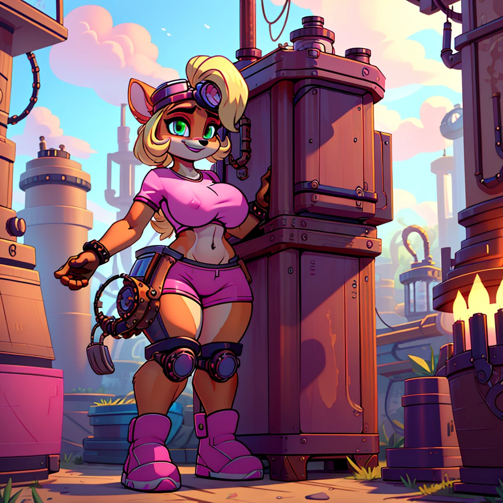 (masterpiece), ((perfect anatomy)), (high Res), (4k), bandicoot, green eyes, blonde hair, huge breast, wide hips, (((pink shirt))), (((pink shorts))), happy, ((((steampunk artstyle)))), (((solo))), narrow waist